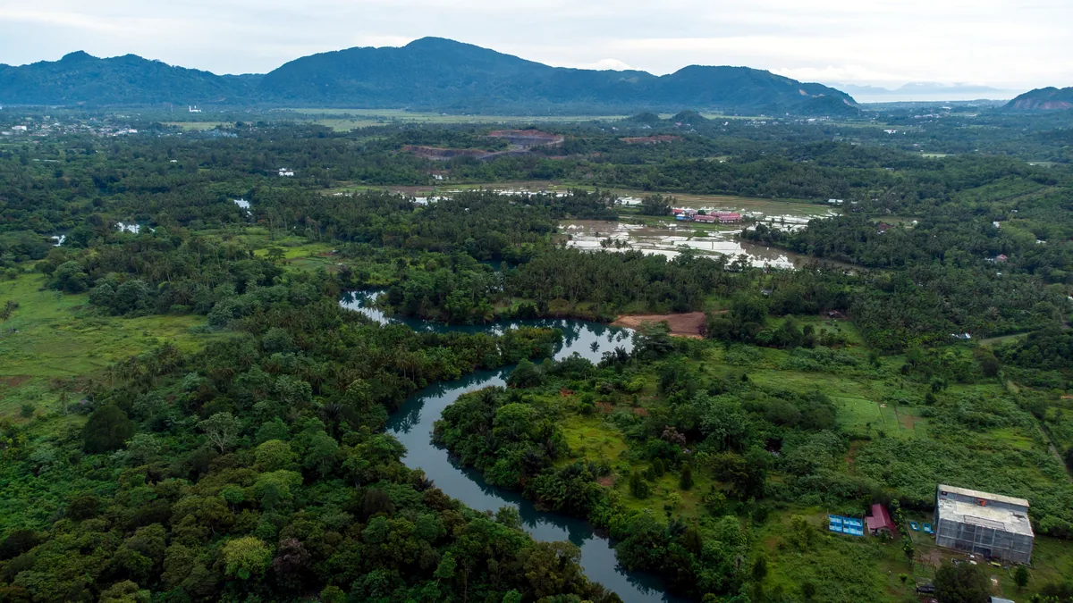 Vista aerea del pueblo de Palenque donde el rio serpentea entre la selva.