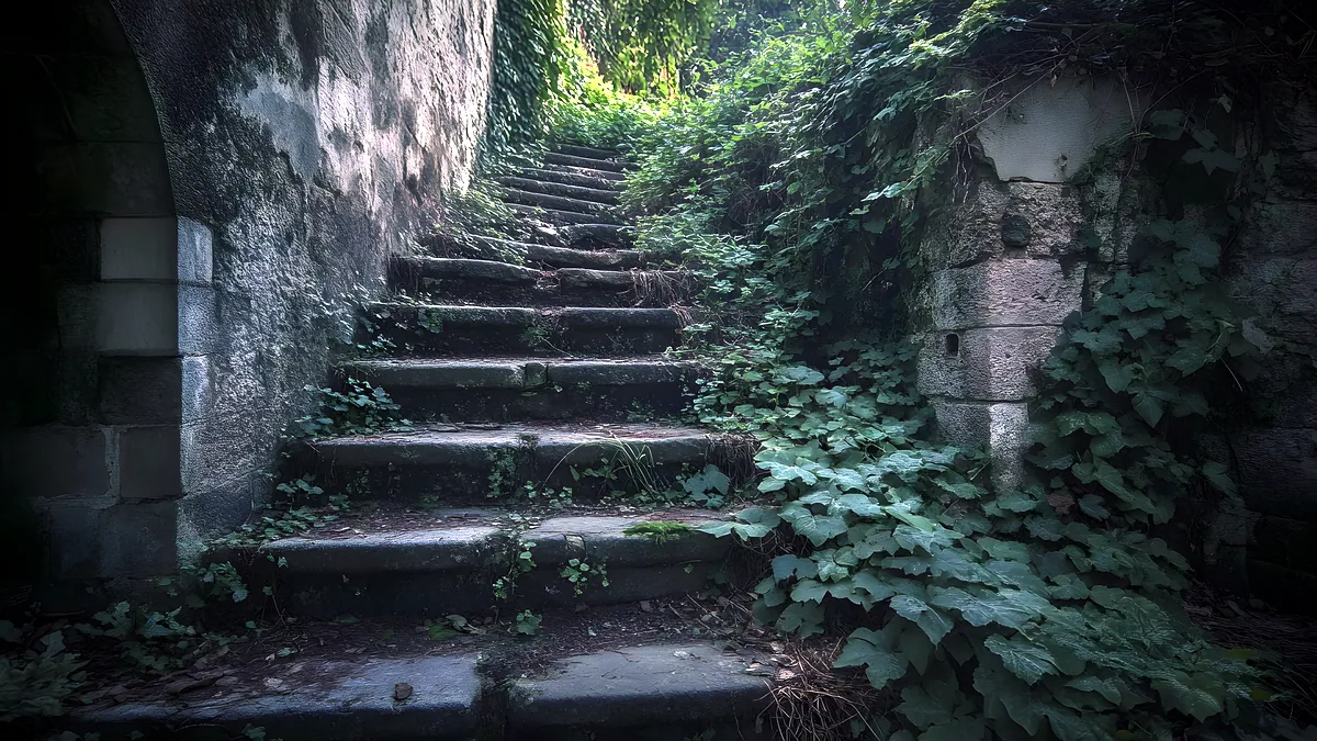 Las huellas de una ruta antigua apenas visibles bajo la maleza de la selva.